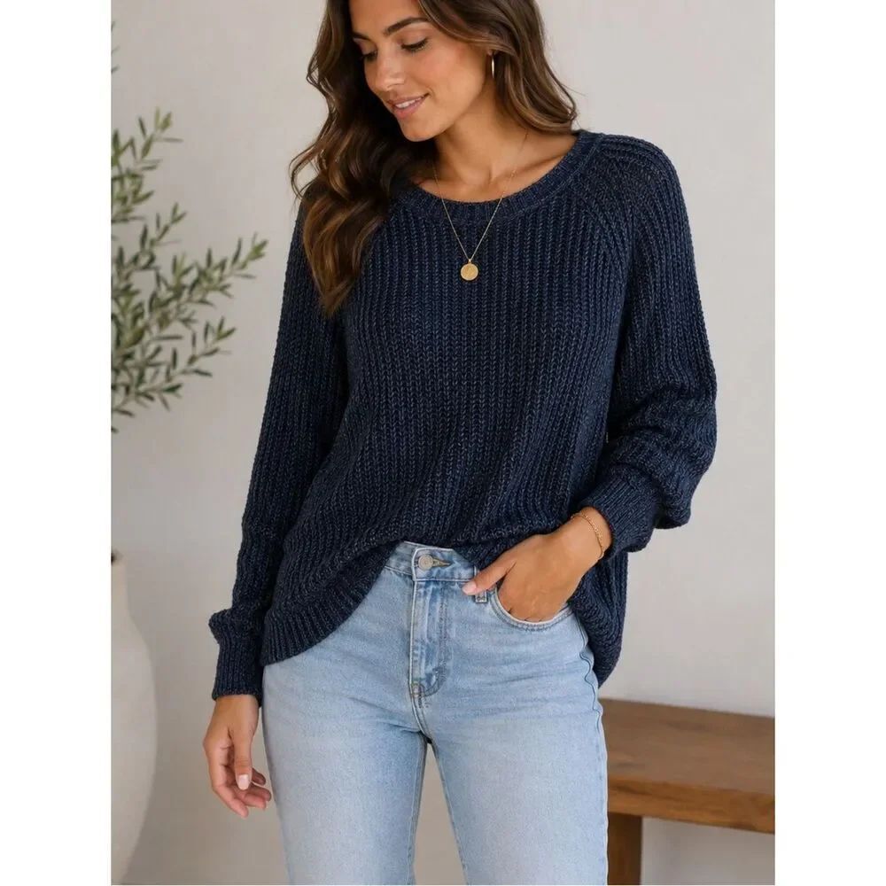 SI-IAE Cotton Blend Black Navy Curved Hem Open Knit Sweater Size L